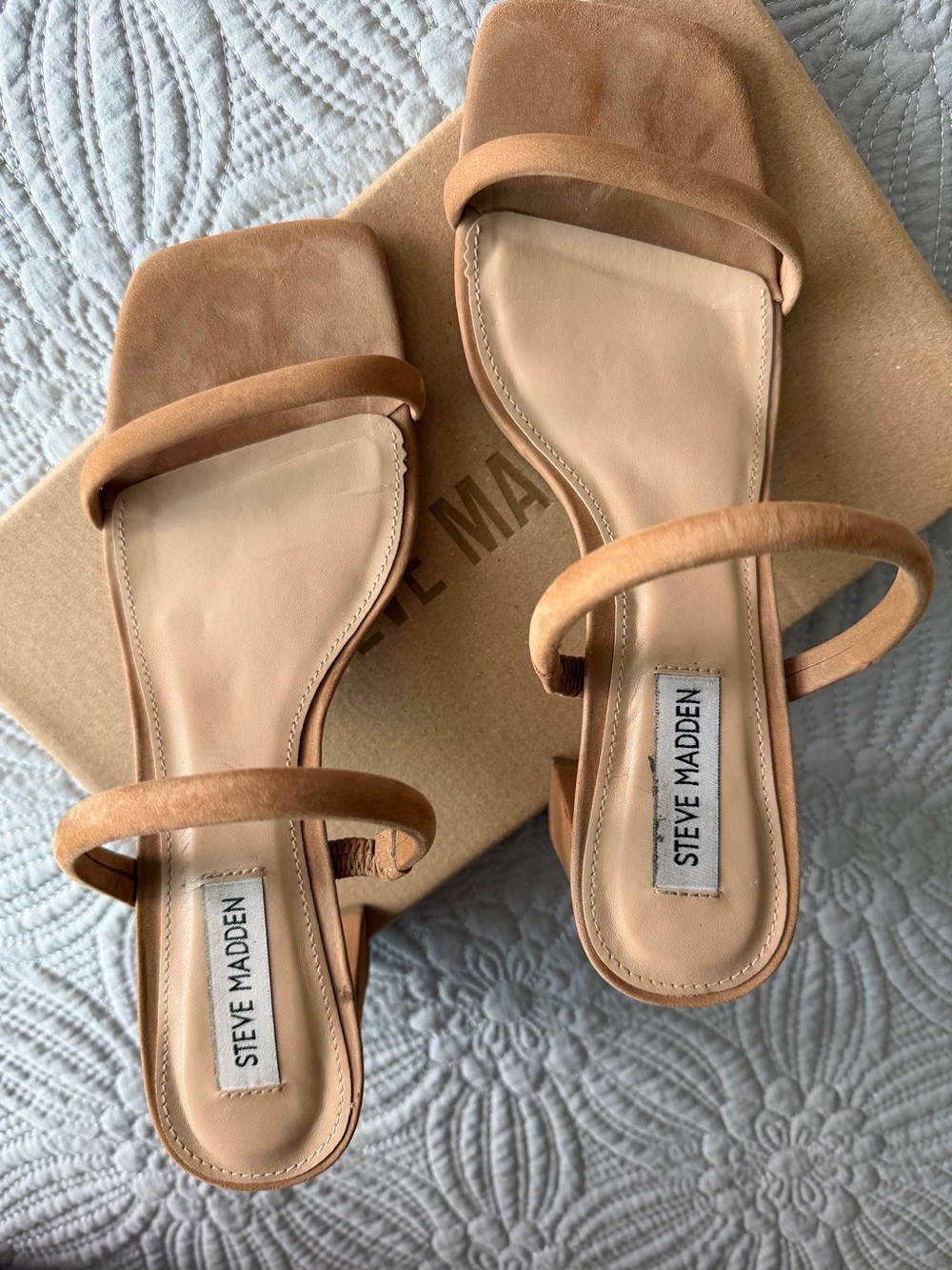 Steve Madden Lilah Suede Strappy Square-Toe Sandals in Tan Nubuck